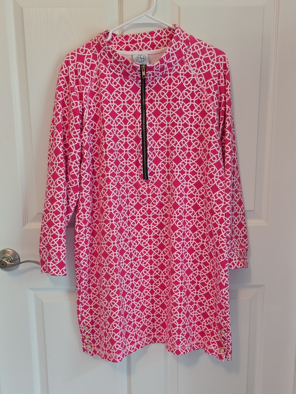 Tracy Negoshian Hot Pink Geometric Zip-Front Tunic Dress SzLg Button Detail